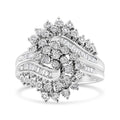 10K white gold bypass ring with round and baguette diamond stones