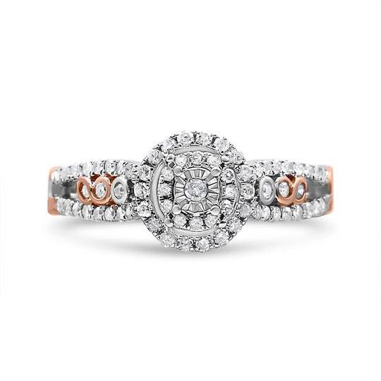 Rose gold-plated silver engagement ring with round diamond double-frame split shank