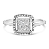 925 sterling silver promise ring with princess cut diamonds and beaded halo thumbnail 1