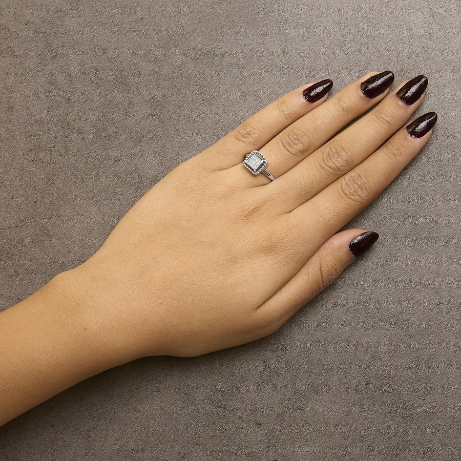 .925 Sterling Silver 1/5 Cttw Invisible Set Princess Cut Diamond Promise Ring with Beaded Halo (H-I Color, I1-I2 Clarity)