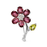 18K White Gold 1/3 Cttw Diamond, Pink Tourmaline, and Green Peridot Flower and Leaf Tulip Brooch Pin (H-I Color, VS2-SI1)-0 thumbnail 1