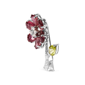 18K White Gold 1/3 Cttw Diamond, Pink Tourmaline, and Green Peridot Flower and Leaf Tulip Brooch Pin (H-I Color, VS2-SI1)-1