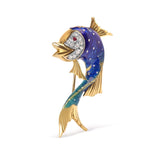 18K Yellow Gold and Blue Enamel Diamond and Pink Sapphire Fish Brooch Pin (H-I Color, VS2-SI1 Clarity)-1 thumbnail 2