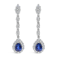 18K White Gold 1 3/5 Cttw Diamond and 7X5 MM Pear Shaped Blue Sapphire 1 1/3 Inch Drop and Dangle Halo Earrings (G-H Color, VS1-VS2 Clarity)-0
