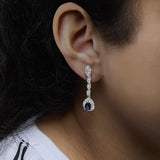 18K White Gold 1 3/5 Cttw Diamond and 7X5 MM Pear Shaped Blue Sapphire 1 1/3 Inch Drop and Dangle Halo Earrings (G-H Color, VS1-VS2 Clarity)-2 thumbnail 3