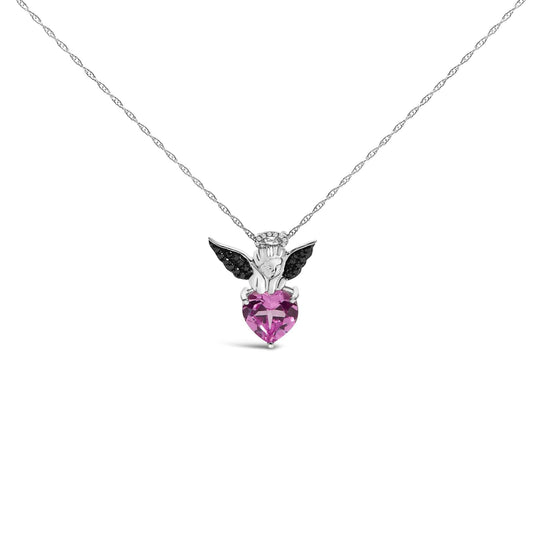 Sterling Silver Diamond Accent & Created Pink Sapphire Angel Heart Pendant Necklace-0