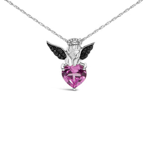 Sterling Silver Diamond Accent & Created Pink Sapphire Angel Heart Pendant Necklace-1