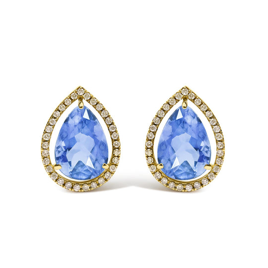 18K Yellow Gold 9x13 MM Blue Flourite Pear Halo Stud Earrings 1/2 Cttw Diamond-0