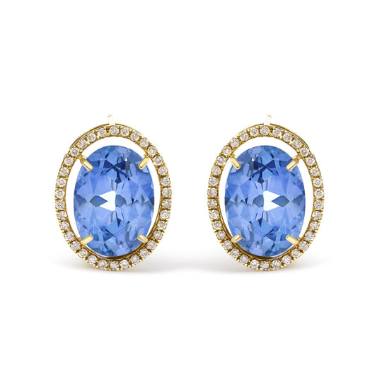 18K Yellow Gold 11x14MM Blue Fluorite Oval Stud Earrings with 1/2 Cttw Diamond Halo-0