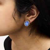 18K Yellow Gold 11x14MM Blue Fluorite Oval Stud Earrings with 1/2 Cttw Diamond Halo-2 thumbnail 3