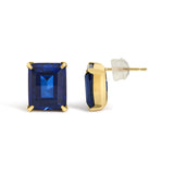 18K Yellow Gold 10x8 MM Lab Created Blue Sapphire Emerald Cut Solitaire Stud Earrings-3 thumbnail 4