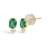 18K Yellow Gold Oval Green Emerald and Diamond Double Drop Stud Earrings-1 thumbnail 2