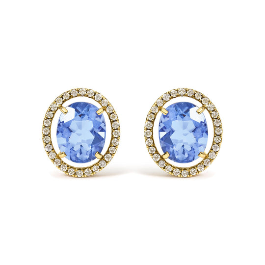 18K Yellow Gold 8X10 MM Blue Fluorite Oval and 1/2 Cttw Diamond Halo Stud Earrings-0