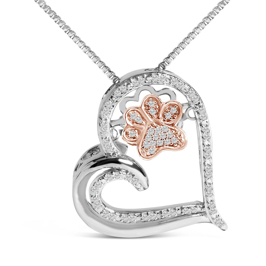 14K Rose Gold Plated Sterling Silver 1/10 Cttw Diamond Paw & Heart Pendant Necklace
