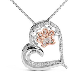 14K Rose Gold Plated Sterling Silver 1/10 Cttw Diamond Paw & Heart Pendant Necklace-1