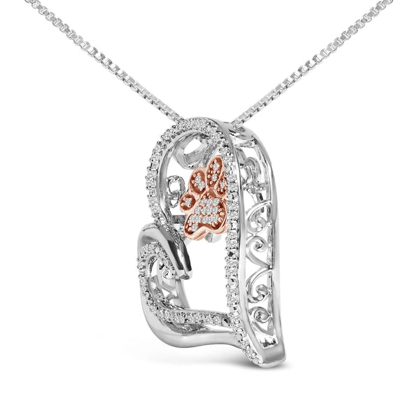 14K Rose Gold Plated Sterling Silver 1/10 Cttw Diamond Paw & Heart Pendant Necklace