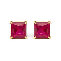 18K Yellow Gold 7x7 MM Created Red Ruby Princess Cut Solitaire Stud Earrings-0
