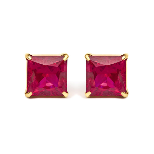18K Yellow Gold 7x7 MM Created Red Ruby Princess Cut Solitaire Stud Earrings-0