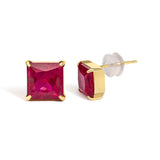 18K Yellow Gold 7x7 MM Created Red Ruby Princess Cut Solitaire Stud Earrings-1 thumbnail 2