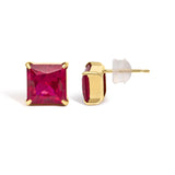 18K Yellow Gold 7x7 MM Created Red Ruby Princess Cut Solitaire Stud Earrings-3 thumbnail 4