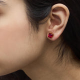 18K Yellow Gold 7x7 MM Created Red Ruby Princess Cut Solitaire Stud Earrings-2 thumbnail 3