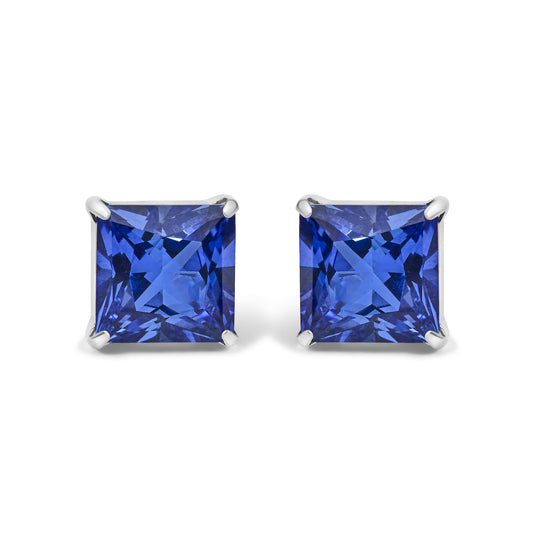 Platinum 7x7 Lab Created Blue Sapphire Princess Cut Solitaire Stud Earrings-0