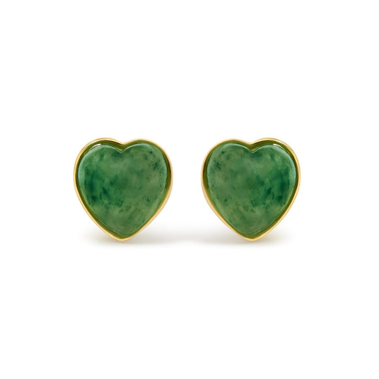 18K Yellow Gold 9x8 MM Bezel Set Green Jade Heart Stud Earrings-0