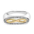 14K yellow gold infinity ring with diamond accent stones along the crossover