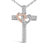 14K Rose Gold Plated Sterling Silver 1/10 Cttw Diamond Cross & Heart Pendant Necklace-1 thumbnail 2