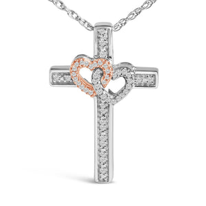 14K Rose Gold Plated Sterling Silver 1/10 Cttw Diamond Cross & Heart Pendant Necklace-1