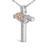 14K Rose Gold Plated Sterling Silver 1/10 Cttw Diamond Cross & Heart Pendant Necklace-3 thumbnail 4