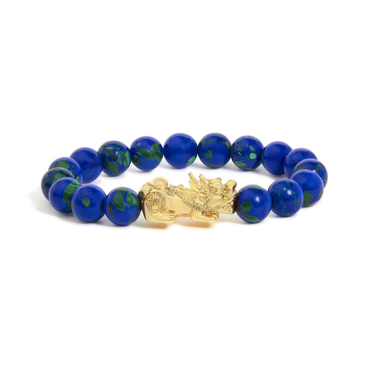18K Yellow Gold Azurite Beaded Dragon Charm Bracelet-0