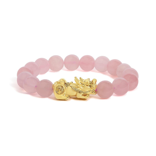 18K Yellow Gold Dragon Charm Natural Rose Quartz Beaded Charm Bracelet-0