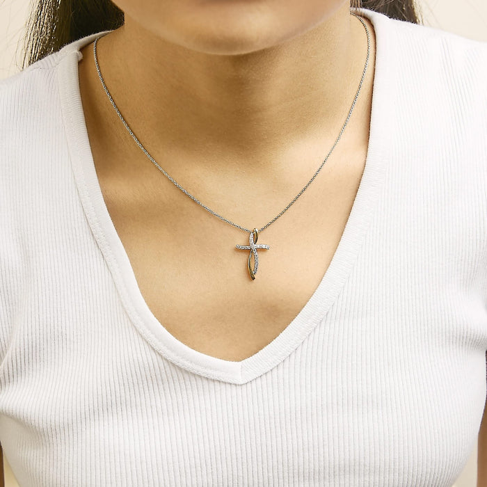 14K Yellow Gold Plated Sterling Silver 1/4 Cttw Diamond Cross Pendant Necklace
