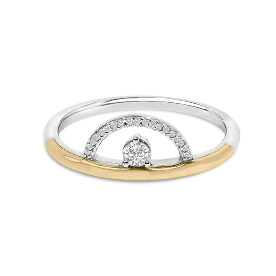14K yellow gold ring with round diamond stones set in a curved arc