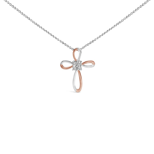 10K Rose Gold Plated Sterling Silver Diamond Accent Cross Pendant Necklace-0
