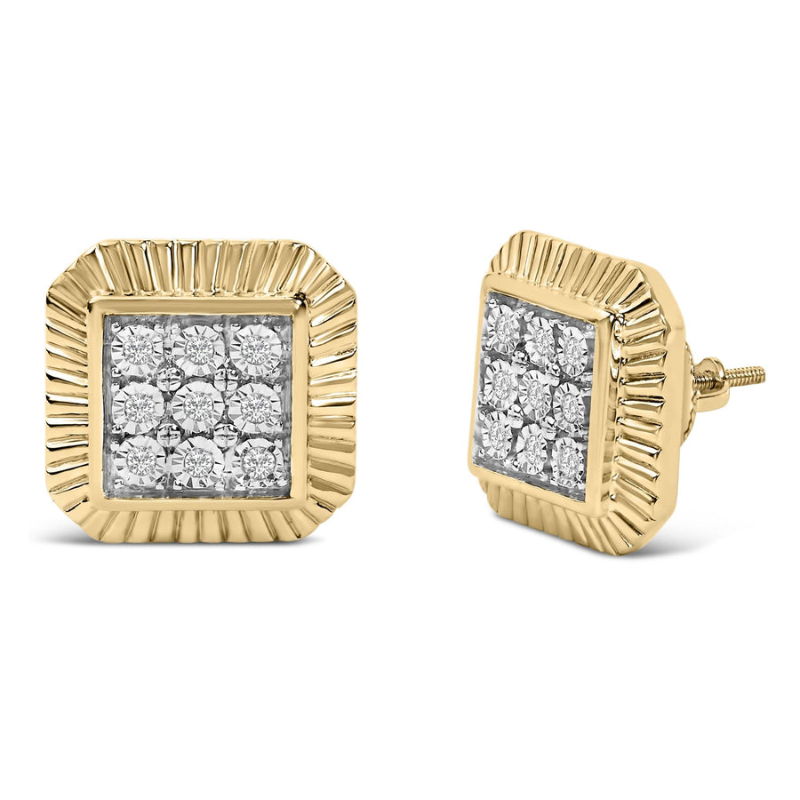 10K Yellow Gold Plated .925 Sterling Silver 1/6 Cttw Diamond Textured Halo Stud Earrings