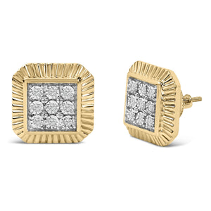 10K Yellow Gold Plated .925 Sterling Silver 1/6 Cttw Diamond Textured Halo Stud Earrings-1