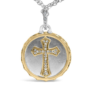 14K Yellow Gold Plated Sterling Silver 1/10 Cttw Diamond Cross Medallion Pendant Necklace-1