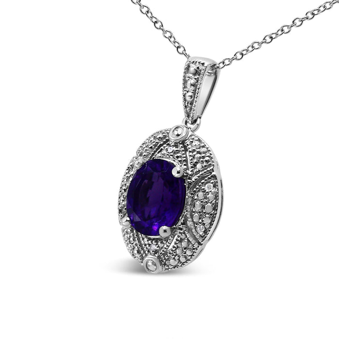 .925 Sterling Silver Diamond Accent and 9x7mm Purple Oval Amethyst Gemstone Pendant 18