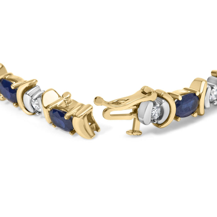 14K Yellow Gold 1.00 Cttw Alternating  Diamond and 6 1/2 Cttw Oval Blue Sapphire Link Bracelet (H-I Color, SI1-SI2 Clarity) - 7