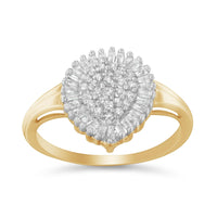 10K Yellow Gold 1/2 Cttw Round & Baguette Cut Diamond Pear Shaped Domed Pavé Cluster with Halo Cocktail Ring (J-K Color, I1-I2 Clarity)