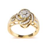 10K Yellow Gold 1/2 Cttw Round and Baguette Diamond Flower Swirl Cocktail Ring (I-J Color, SI2-I1 Clarity)-1 thumbnail 2