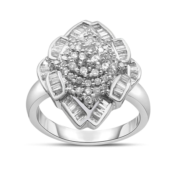 14K White Gold 7/8 Cttw Round and Baguette-Cut Diamond Cluster Ring (H-I Color, SI2-I1 Clarity)
