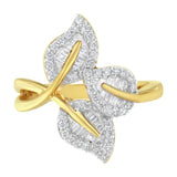 18K Yellow and White Gold Plated .925 Sterling Silver 3/8 Cttw Baguette and Round Diamond Bypass Triple Leaf Ring (I-J Color, I1-I2 Clarity)-1 thumbnail 2