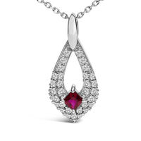 .925 Sterling Silver Created Red Ruby and White Sapphire Pear Shaped Pendant Necklace - 18