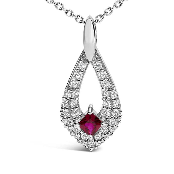 .925 Sterling Silver Created Red Ruby and White Sapphire Pear Shaped Pendant Necklace - 18