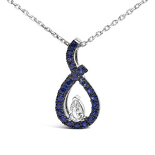 .925 Sterling Silver Created Blue and White Sapphire Teardrop Shaped Pendant Necklace - 18" Inches-1