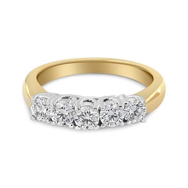 18K Yellow Gold 1.0 Cttw 4 Prong Set Round Cut Diamond Step up 5 Stone Ring Band (F-G Color, SI1-SI2 Clarity)