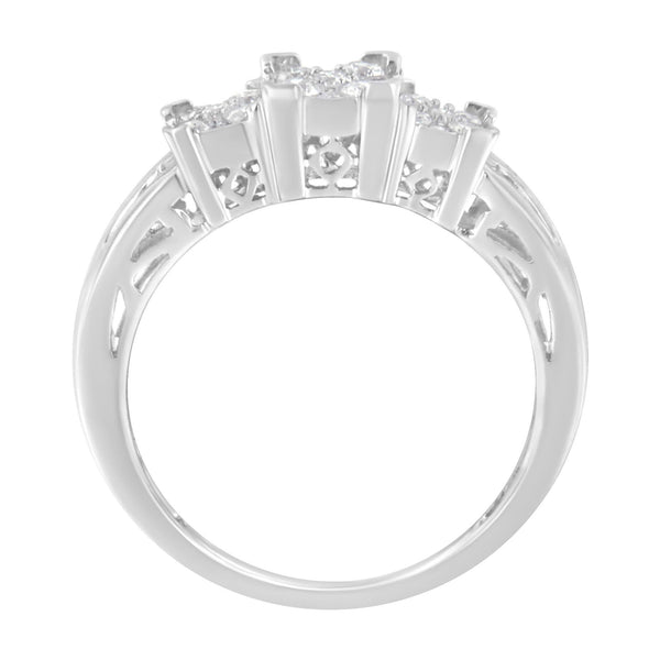 10K White Gold 1/2 Cttw Brilliant & Baguette Cut Diamond 3 Stone Design with 3 Square Clusters Engagement Ring (H-I Color, SI2-I1 Clarity)